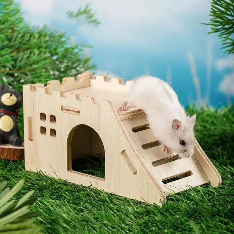 Casa de hámster de madera con escalera de escalada, puente de arco de castillo para mascotas pequeñas, para ratones enanos, gerbils, mascotas pequeñas