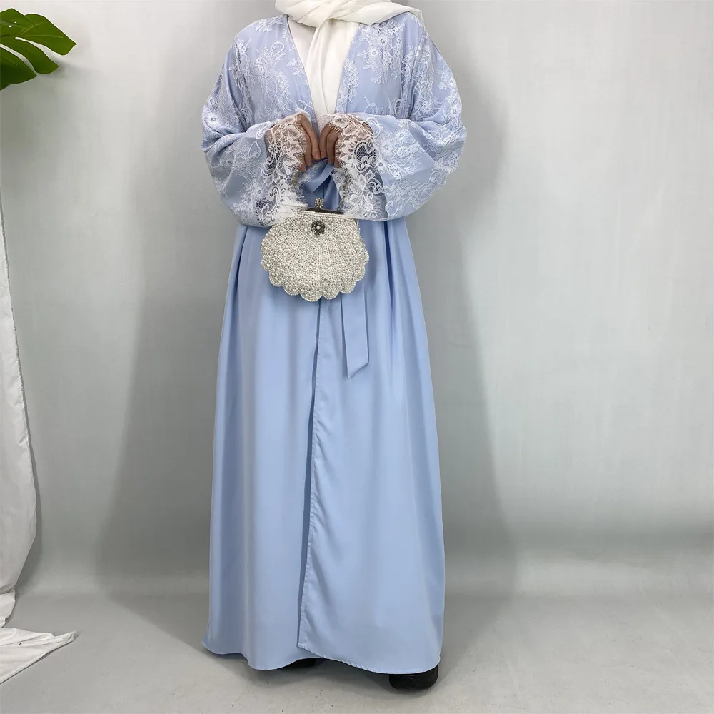 

Middle Eastern Fashion Luxury Long Sleeve Cardigan Lace Patchwork Gorgeous Big Swing Abaya (with Headscarf)