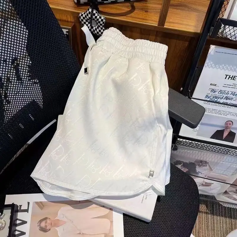 2025 Summer New Korean Fashion Printing Satin Wide Leg Pants Female Trend Letter Drawstring Athleisure Elastic Waist Shorts