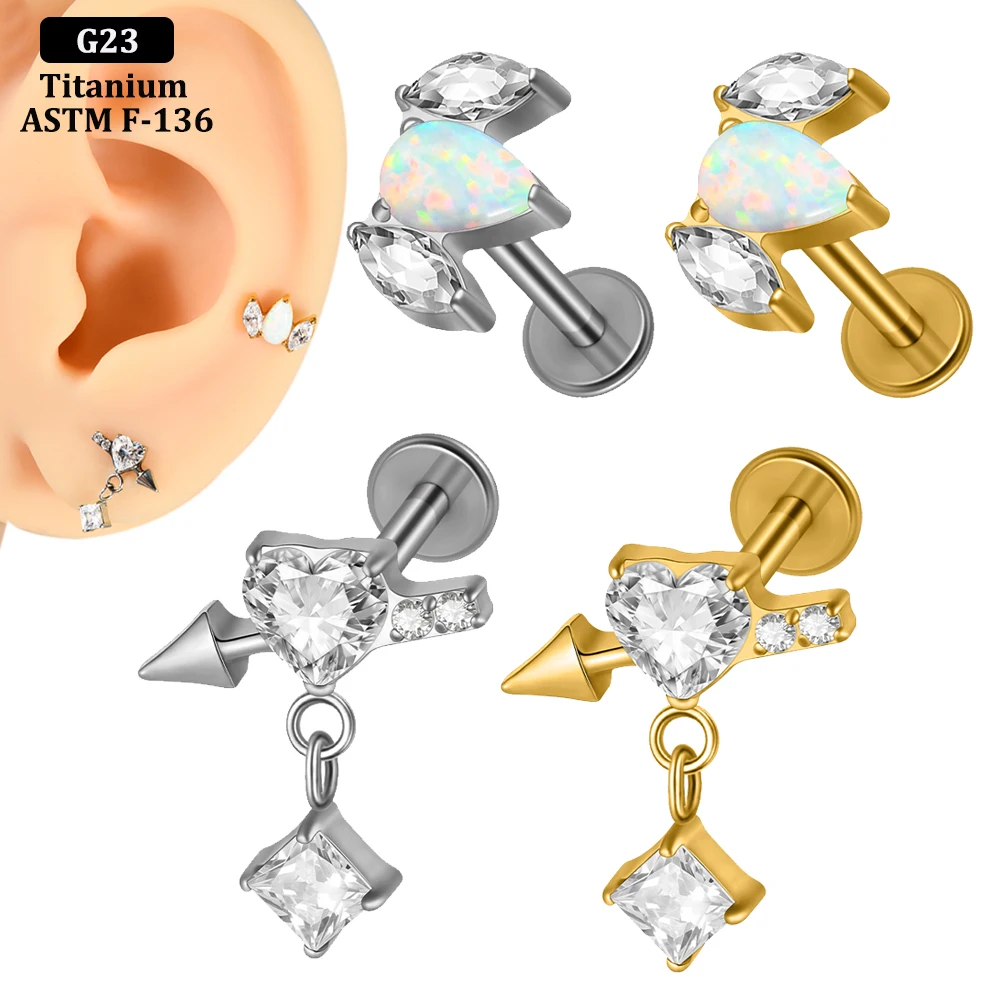 1 Stück Titanlegierung Innen-Gewinde Herz CZ & Opalstein Schwertflügel Anhänger Ohr-Lippen-Piercing Knorpel Tragus Conch Ohrring