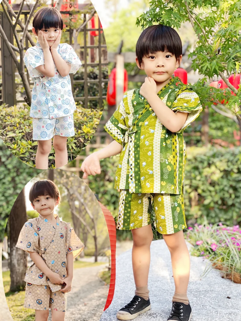 Pure Cotton Boys And Children Jinping Kimono Yukata Set Japanese Style Home Pajamas Sweat Steaming Suit