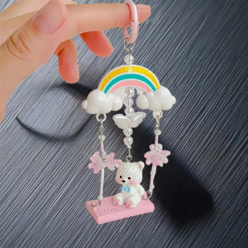 [J] 1/2 PCS Cute Rainbow Swing Bear Keychain Pendants Girly Heart Bag Hanging Backpack Charms Phone Chain Keyring Birthday Gifts