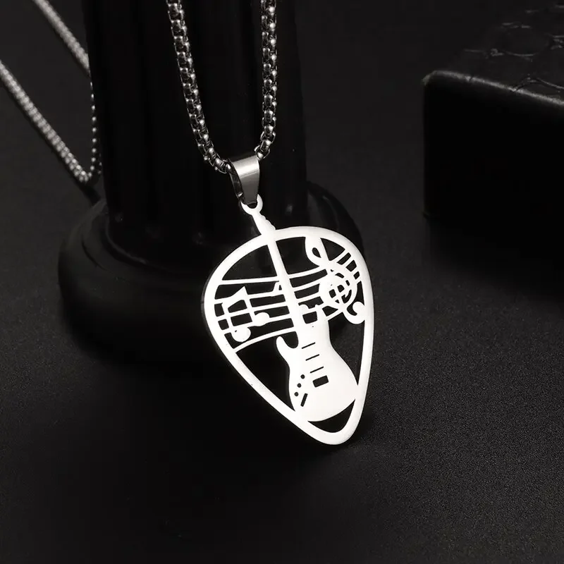 Stainless Steel Guitar Pick Bass Note Pendant Electric Guitar Necklace for Men and Women Music Rock Lovers Punk Hip-Hop Jewelry