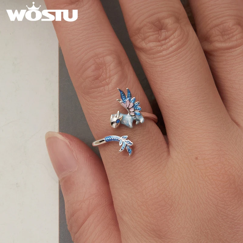 

WOSTU Стерлингового Серебра 925 Синяя Эмаль Летающий Дракон Открытое 3D Кольцо Прекрасное Кольцо Оригинальное Для Женщин Девушка Повседневный Подарок На День Рождения Размер 7-9