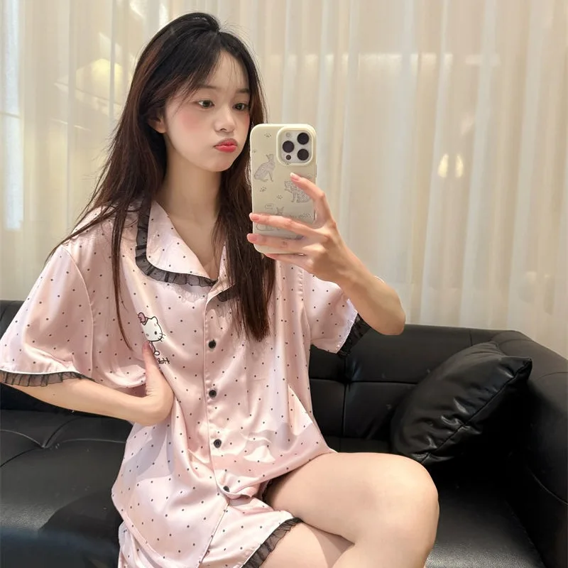 

Комплект пижам Kawaii из хлопка для женщин и студенток, домашняя одежда Sanrio Hello Kitty, повседневный комплект в горошек, летний новый комплект с кружевом и короткими рукавами, ночная одежда