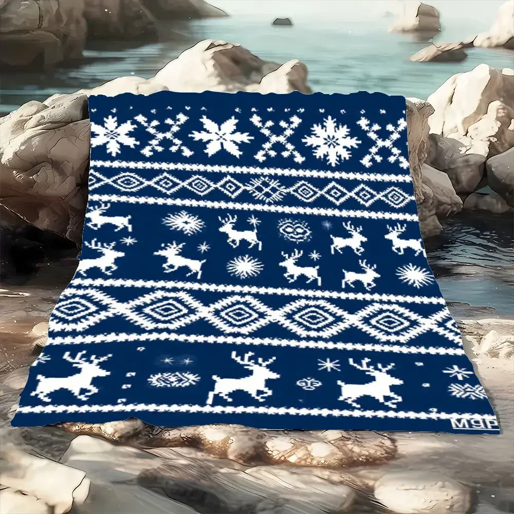 Nordic Inspired Dark Blue Christmas Blanket - Luxurious Soft Throw with Intricate White Holiday Patterns, Featuring Reindeer, Sn