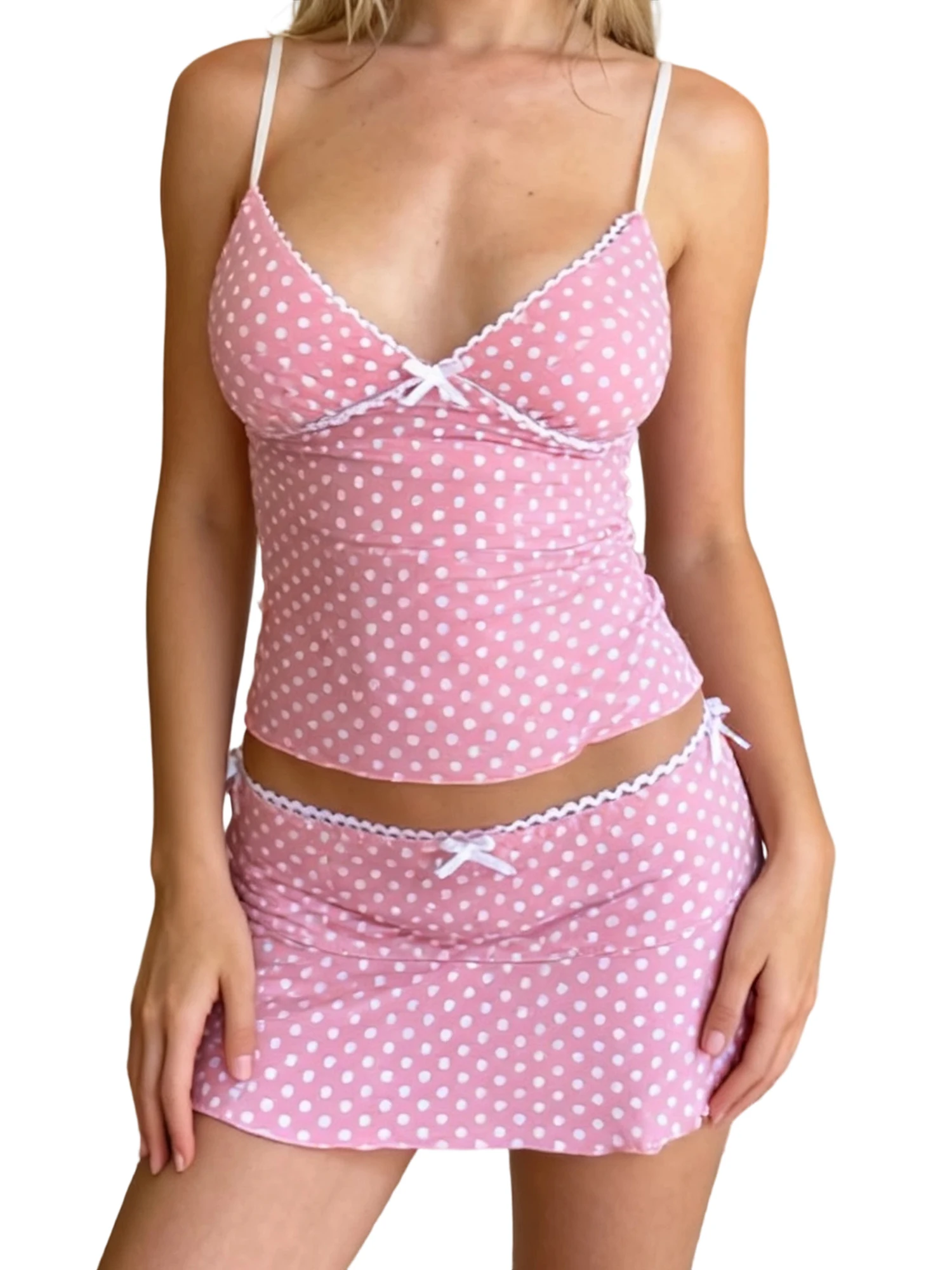 

Women Skirt Set Dots Print V-neck Camisole with Low Waist Mini Skirt Summer Outfit for Party Club