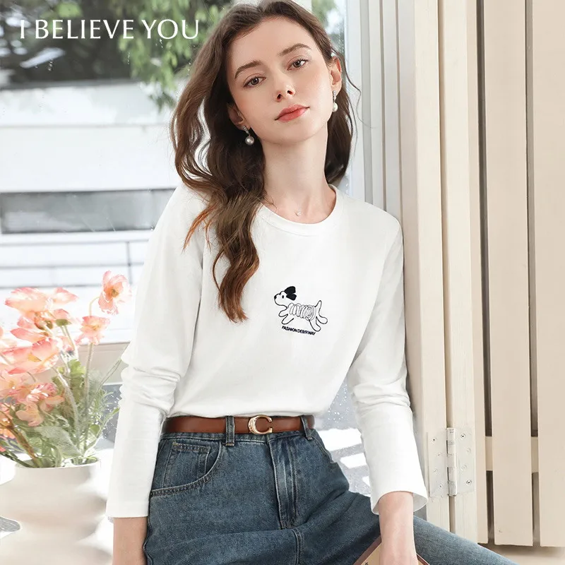 I BELIEVE YOU Long Sleeve T‑Shirts for Women 2026 Autumn White Fun Dog Embroidery Slim Tees Versatile Casual Tops 2263016390