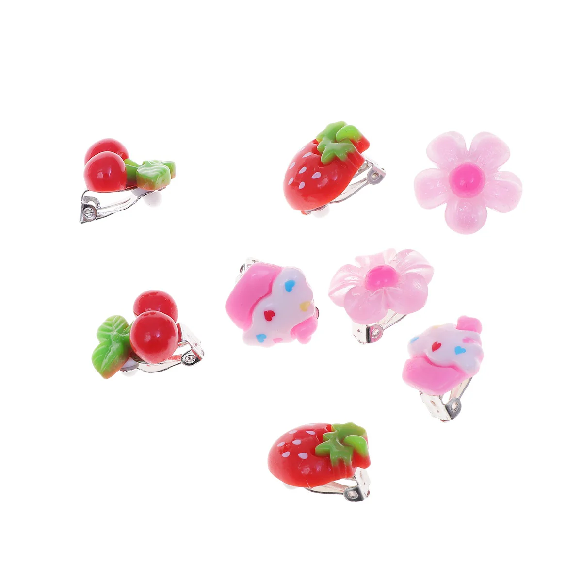 8pcs Kids Clip-on Earrings Girls Ear Clip Decorations Party Favors (Strawberry + Cherry + Ice Cream + Flower, 2 Pairs Each)