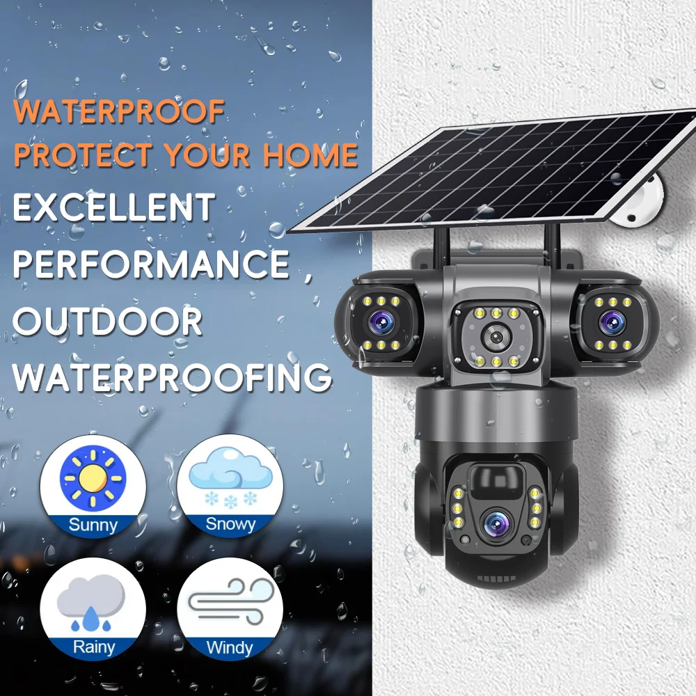 Cross-border outdoor 360° panoramic home three-lens solar surveillance camera: security, high-definition full-color night vision