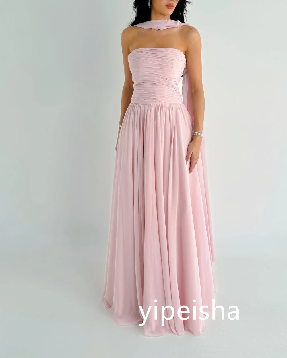 Customized Sparkle Chiffon Pleat A-line Strapless Midi Dresses Evening Dresses Classic Exquisite Modern Style Pastrol Unisex For