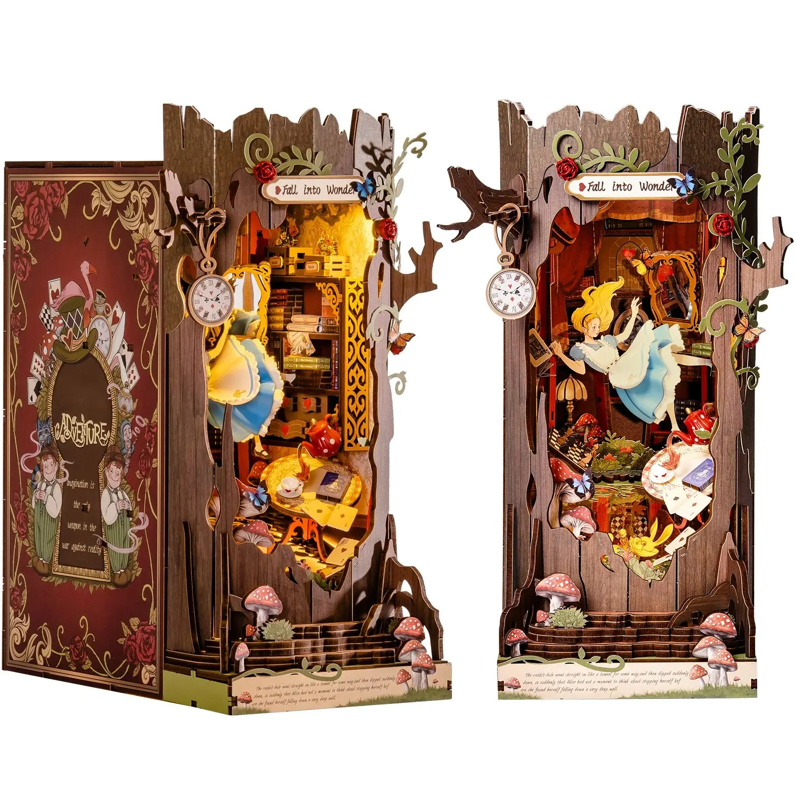 Rolife Fall into Wonder DIY Book Nook Kit Wooden 3D Puzzle Bookends with LED for Bookshelf Decor Tiny House Model Kit for Adults