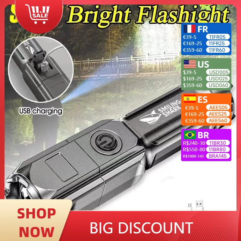 Potente linterna LED táctica de 100000 lúmenes, 18650 recargable por USB, resistente al agua, con Zoom, para pesca y caza