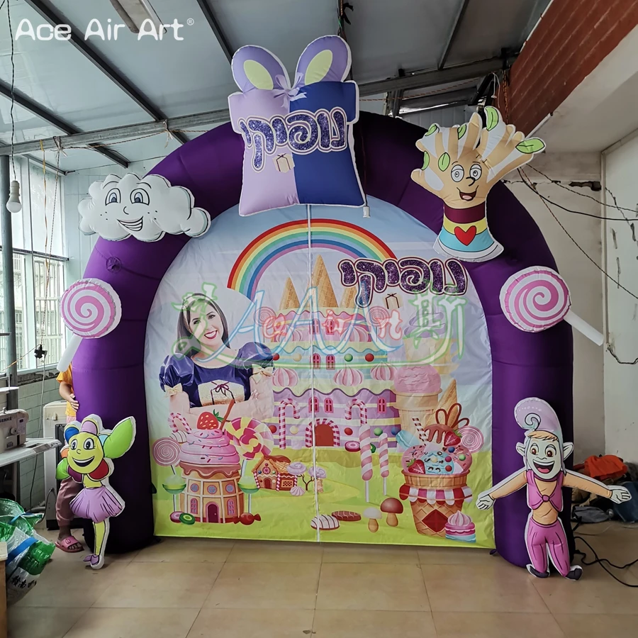 Purple Inflatable Arch with Door Curtain for Kindergarten Activities, Candy Air Blown Archway, New Design