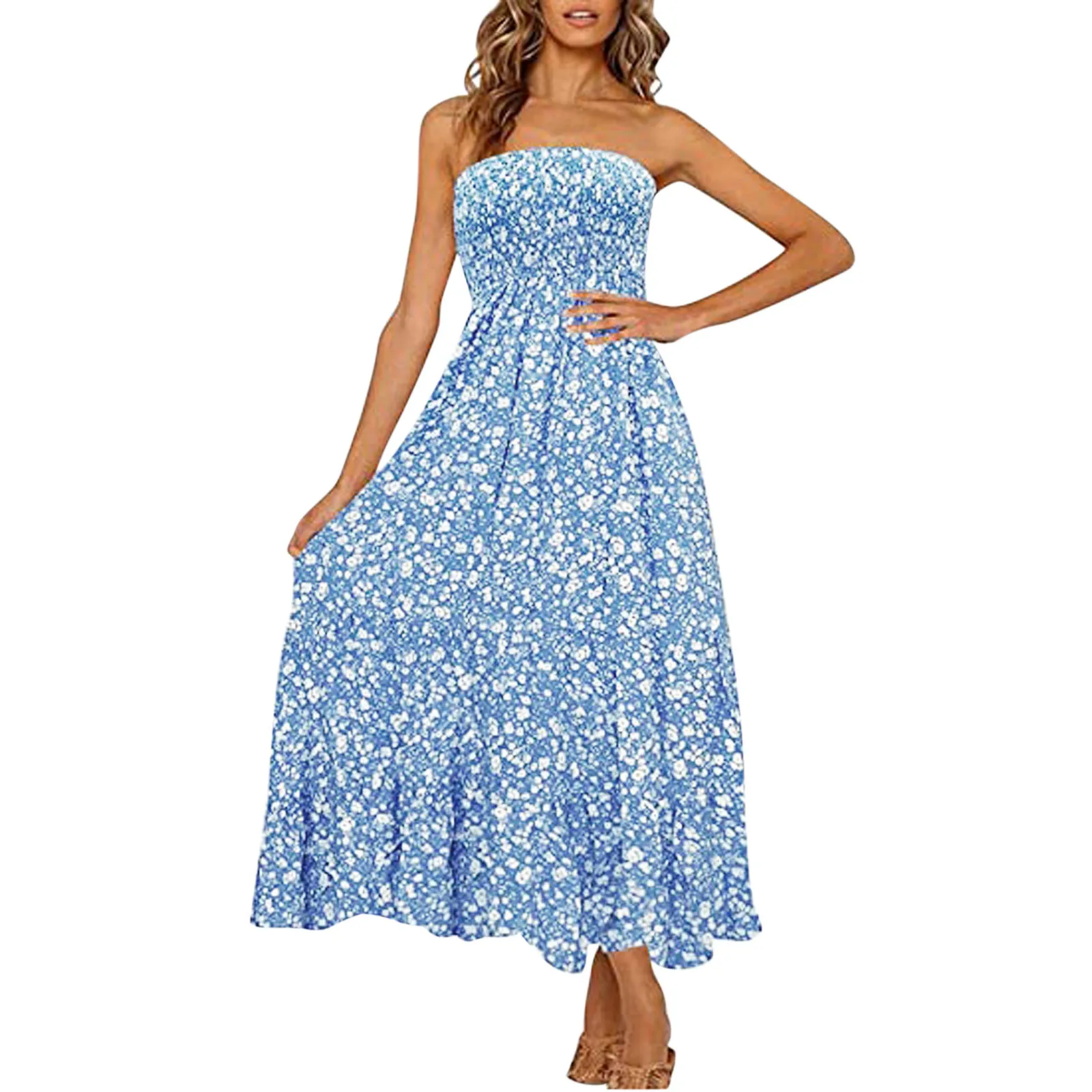 Sexy Floral Print Boho Beach Dress Women Casual Summer Boho Strapless Bandeau Smocked Ruffle Beach Maxi Holiday Sundress 2022