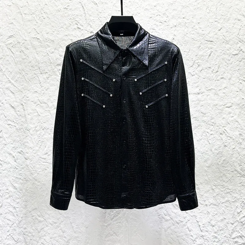 Spring Summer Thin Retro Crocodile Pattern Rivet Shirt Men's Fashion Long Sleeved Casual Social Party Shirts Streetwear Blouse