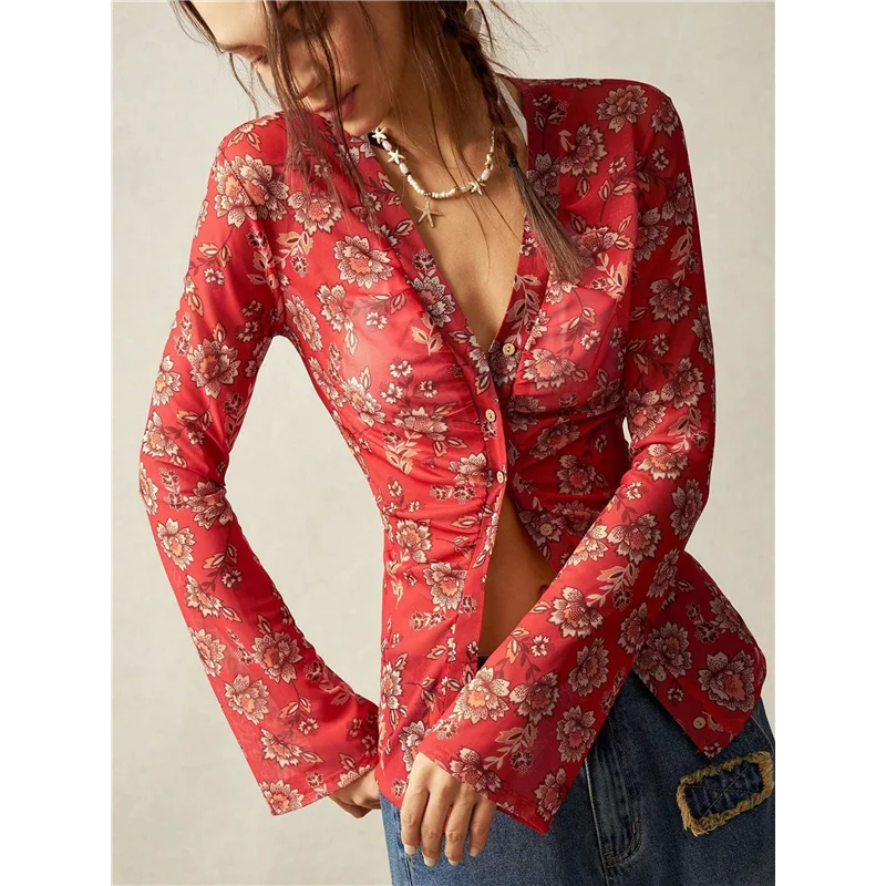 A09P Chemises à manches longues pour femmes, chemisiers Boho à imprimé floral, boutonné, col en V, hauts ajustés