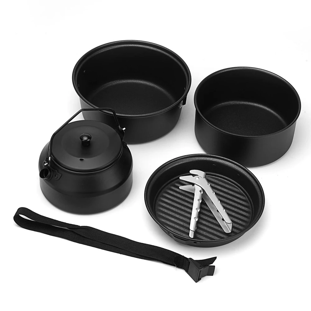 

Simplified Outdoor Meal Preparation Kit featuring Foldable Design of an Anodized Aluminum Teapot & Frying Pan set