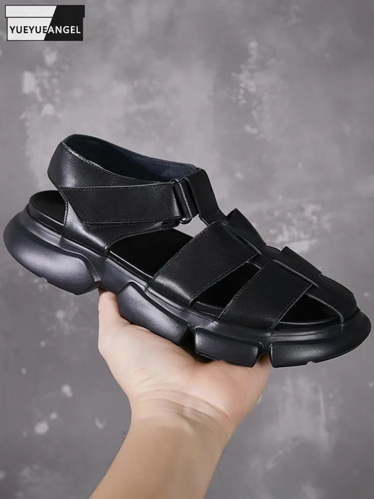 

Summer Men Daily Wear Cowhide Platform Leisure Sandals Genuine Leather Solid Color Hook Loop Mid Heel Height Increase Gladiator