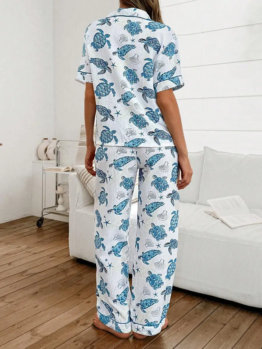 

Womens Turtle Print Pajama Set With Turn-Down Collar Short Sleeve