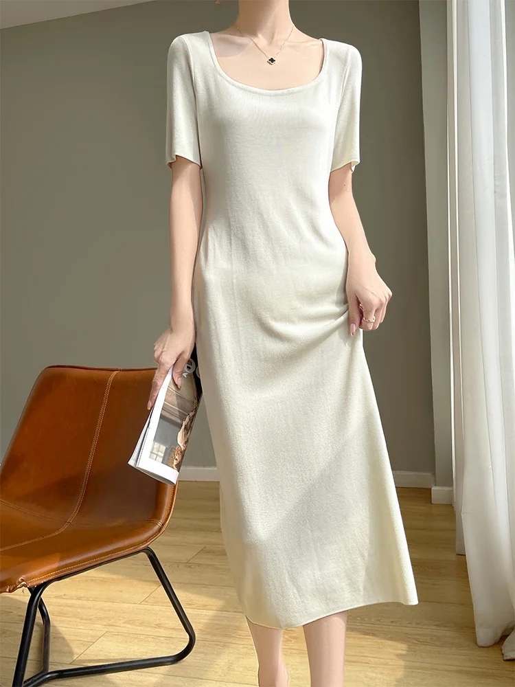 Sommer-Eisseide-Strickkleid für Damen, mittellang, knielang, f Sve, dünner Basisrock, A-Linie, hohe Taille, Pendler-Sle