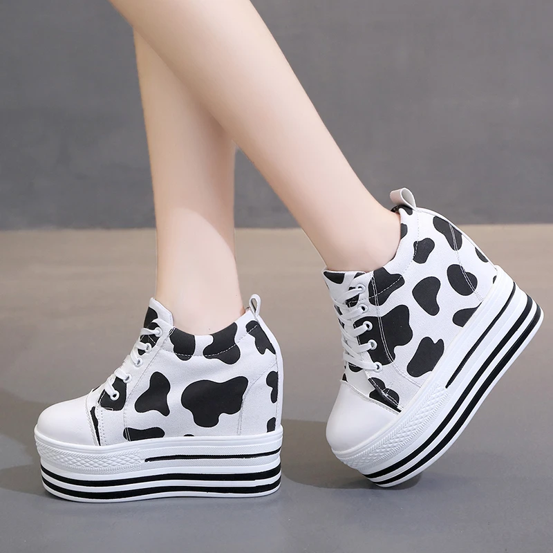 Super high heel platform sneakers women spring and autumn slope with casual canvas shoes black fashion single shoes flat loafers