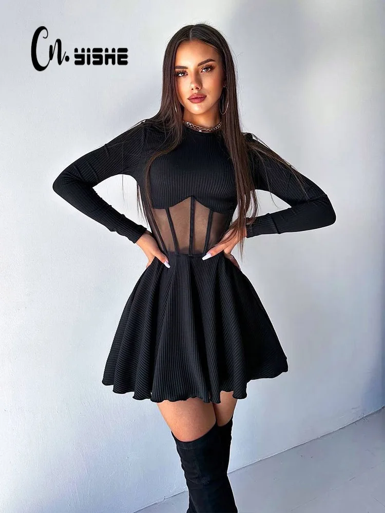 CNYISHE Mesh Patchwork Sheer Women Dresses Long Sleeve Sexy Club Fashion O Neck A-line Sheath Bodycon Female Vestidos Robes