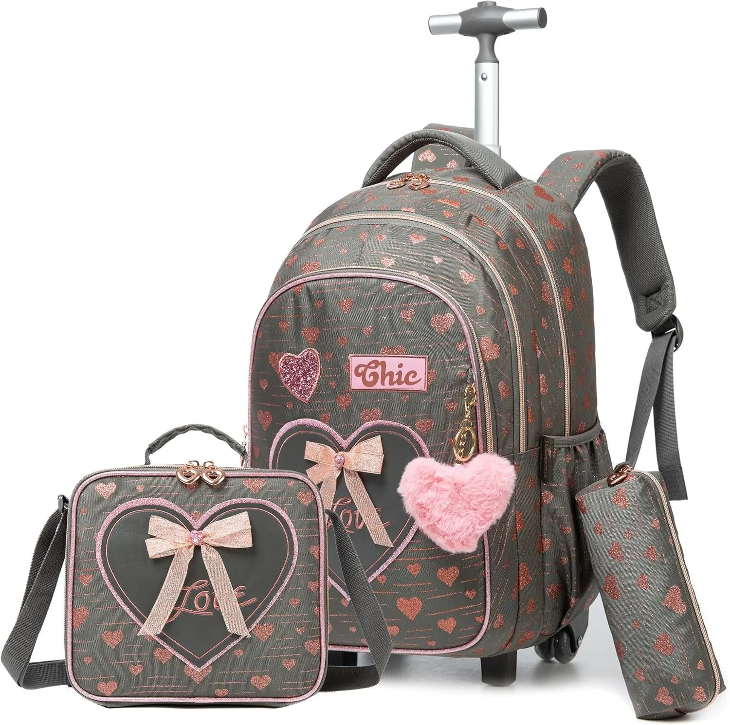 

3PCS Rolling Backpack for Kids School Backpack with Wheels for Girl Cute Travel Roller Wheeled Bookbag Backpack with Bento Boxes