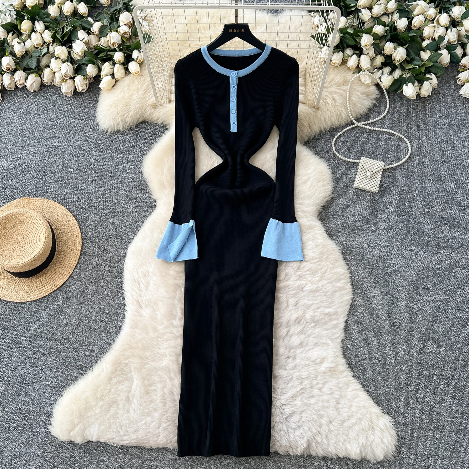 Robe longue en tricot pour femmes, Style français, Vintage, col rond, fente, manches longues, pull, Hit Color Patchwork, Slim, nouvelle collection automne 2026