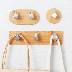 Natural Bamboo Stainless Steel Hook Wall Clothes Bag Headphone Key Hanger Kitchen Bathroom Door Towel Rustproof Shelf WJ622