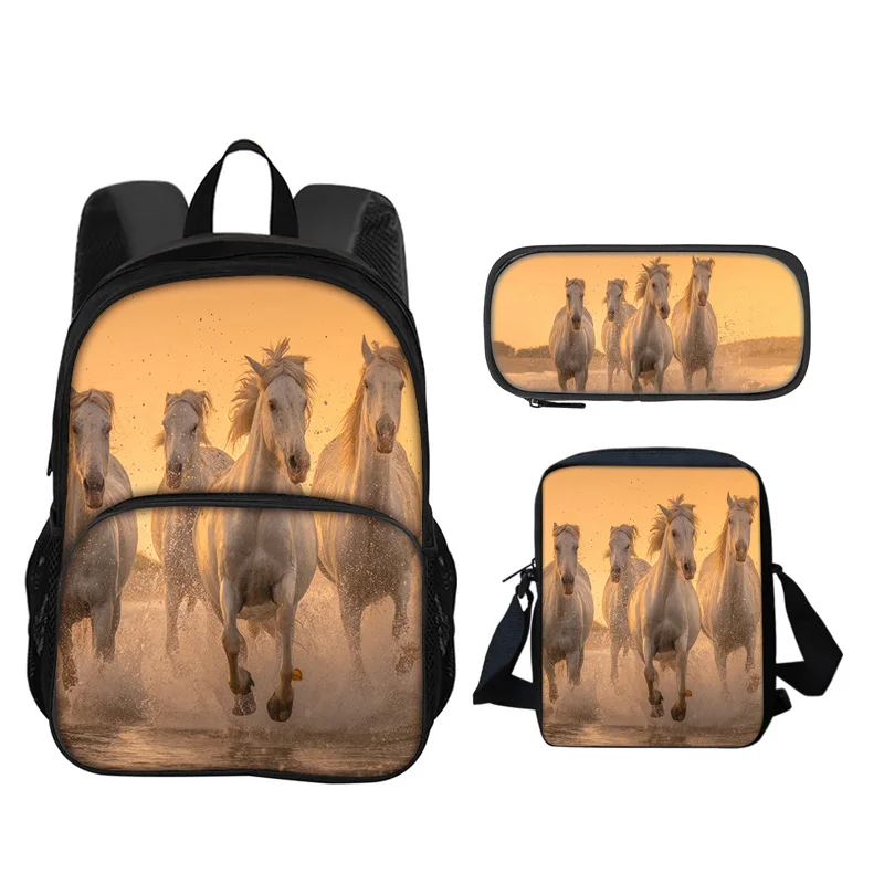 Horse round front bag, backpack, pencil case, shoulder bag, 3Pcs Set, animal horse 3D printing, large capacity student new item
