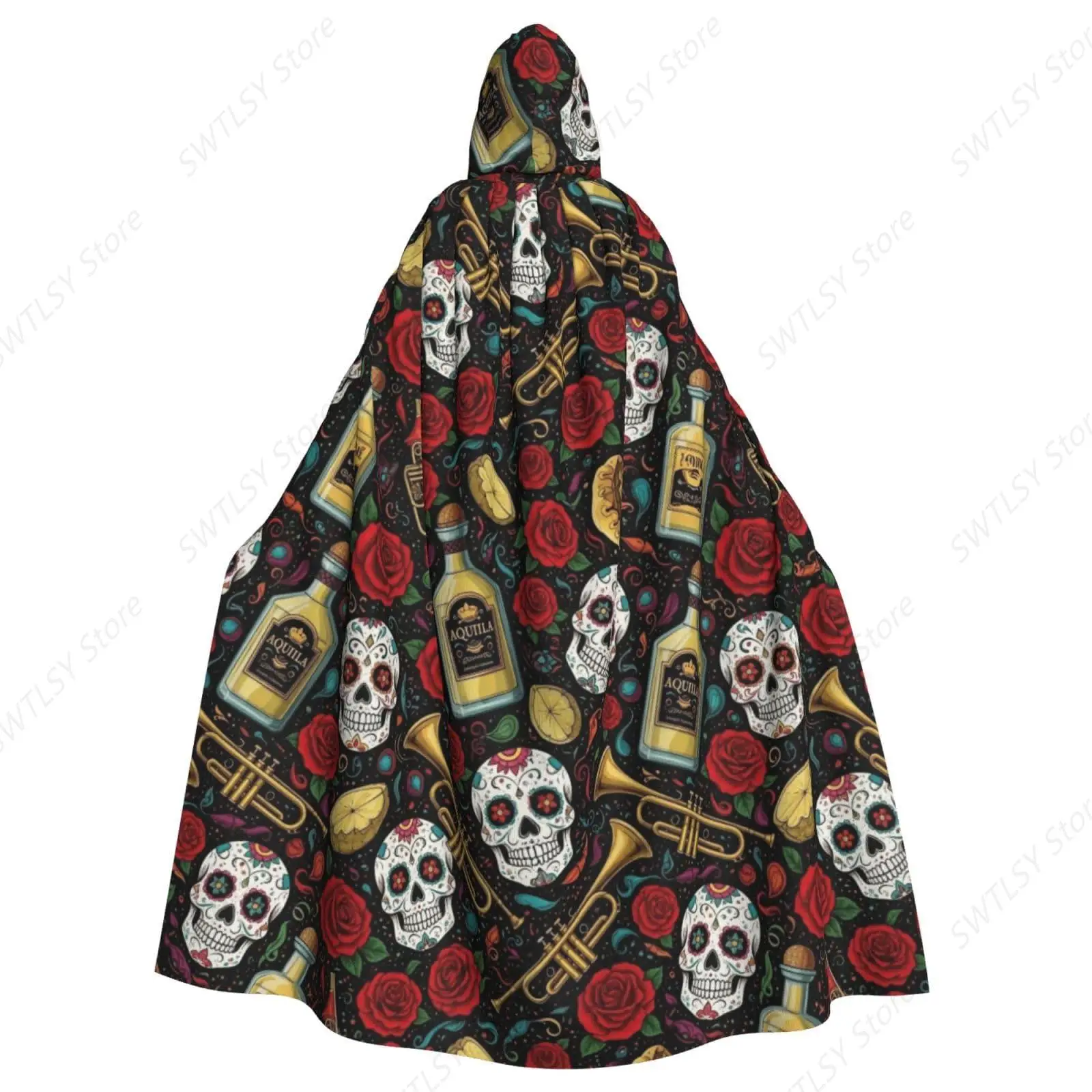 Women Men Hooded Cloak Cape Compatible with Vintage Day Of Dead Sugar Skulls Rose Flowers Cactus for Halloween Christmas Cosplay