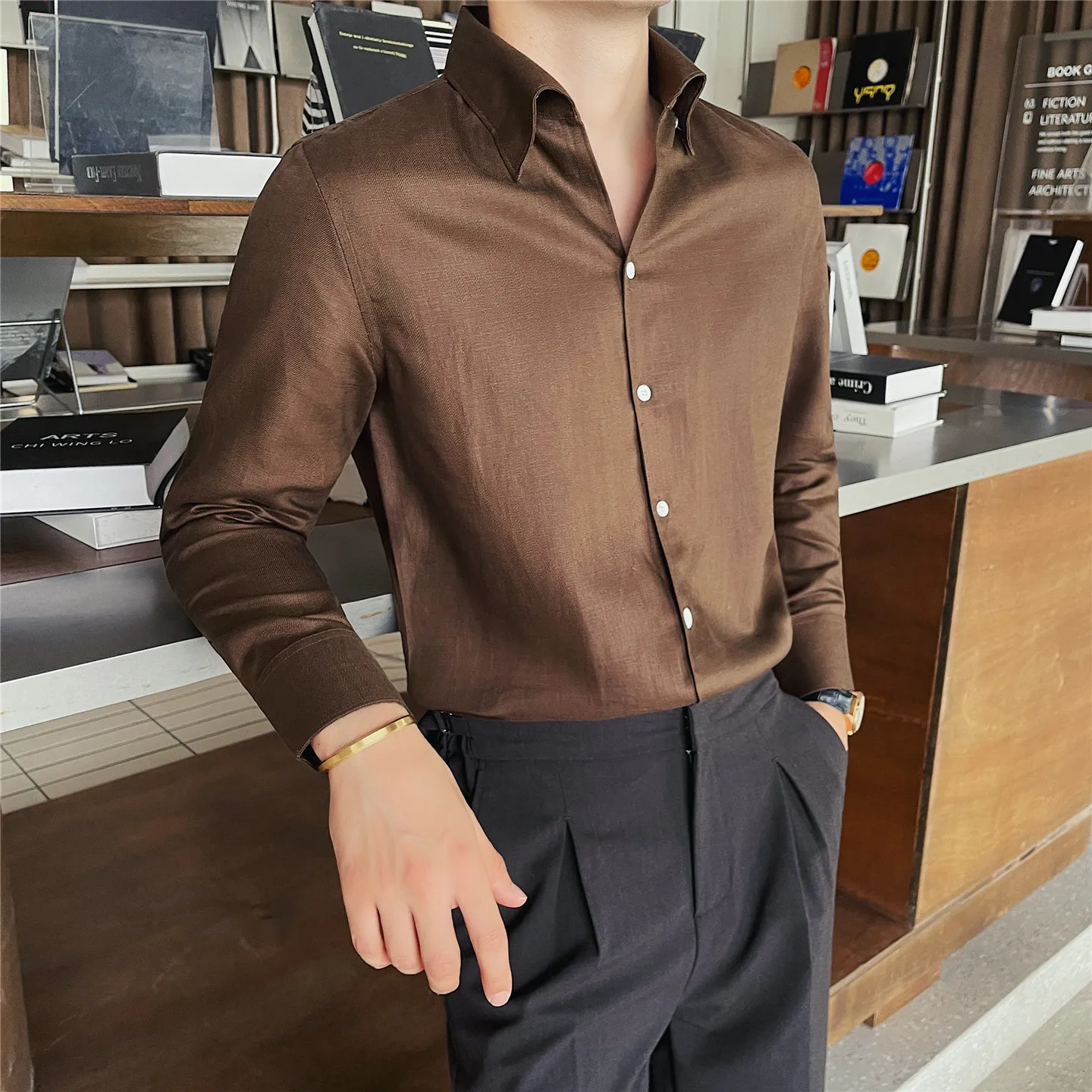 Men's Linen Shirt One-Piece Collar Long Sleeve Breathable Casual Business Commute Top