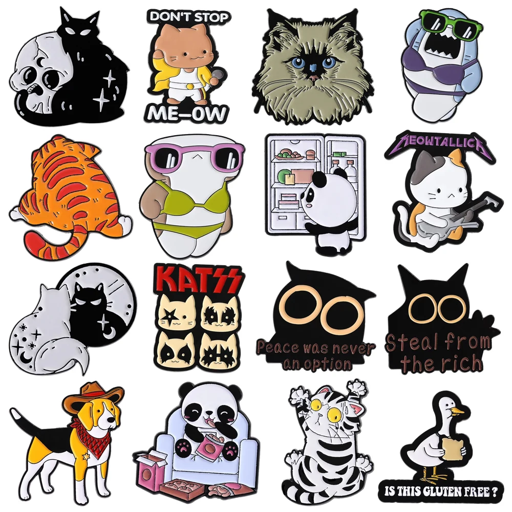 

Cute Pet Husky Persian Cat Enamel Pins Cartoon Big Eyes Black Cat Panda Bikini Shark Lapel Badges Backpack Jewelry Gifts For Kid