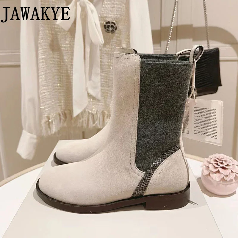 Popularne buty zimowe marki damskie zamszowe płaski obcas Chelsea boots casualowe damskie elastyczne botki krótka skórzana botki