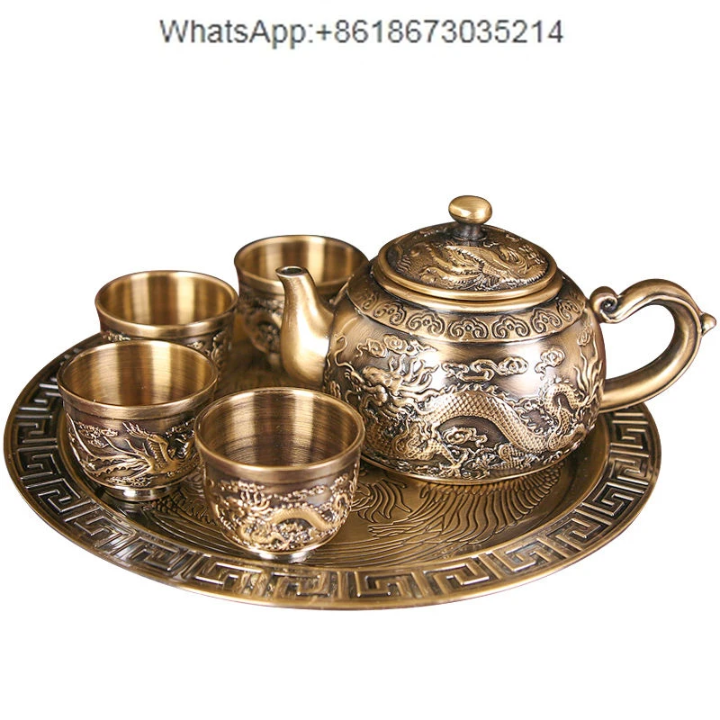 Retro bronze Kung Fu tea set gift box 1 teapot tray 4 tea cup tea set household complete set of gifts