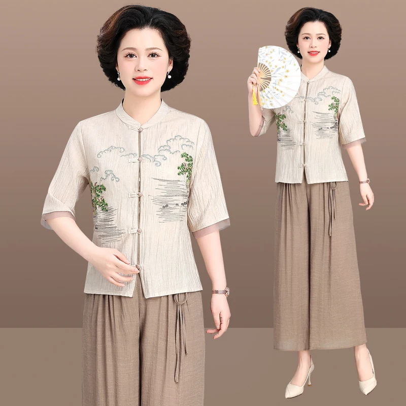 

Midlife Mom Summer Outfit Set New 2025 Cotton Linen irt Spring Summer Wide Leg Pants Women's Faion Loose Fit round Ne S...