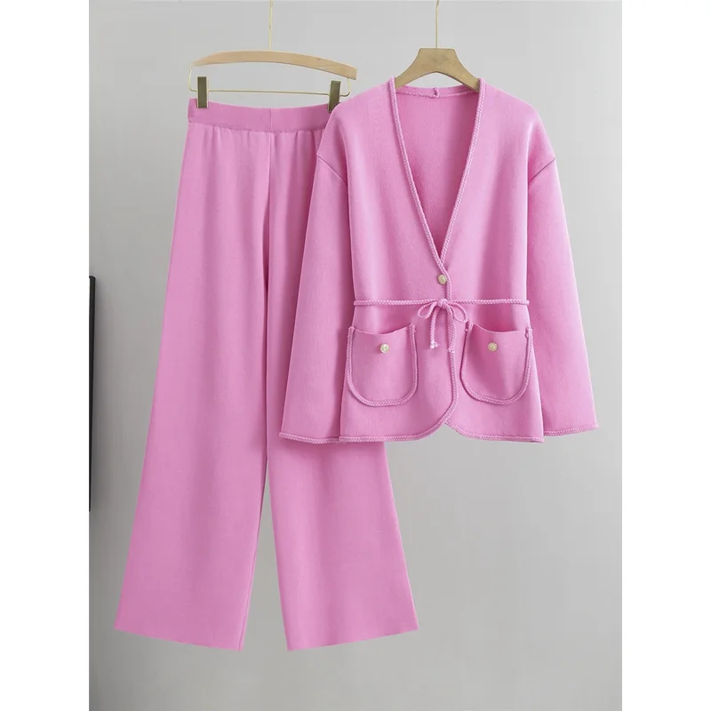 

Women Elegant Knitted 2 Piece Sets Spring Fall Knitwear V-neck Belt Cardigan Tops Conjuntos Korean High Waist Sweatpants Outfit