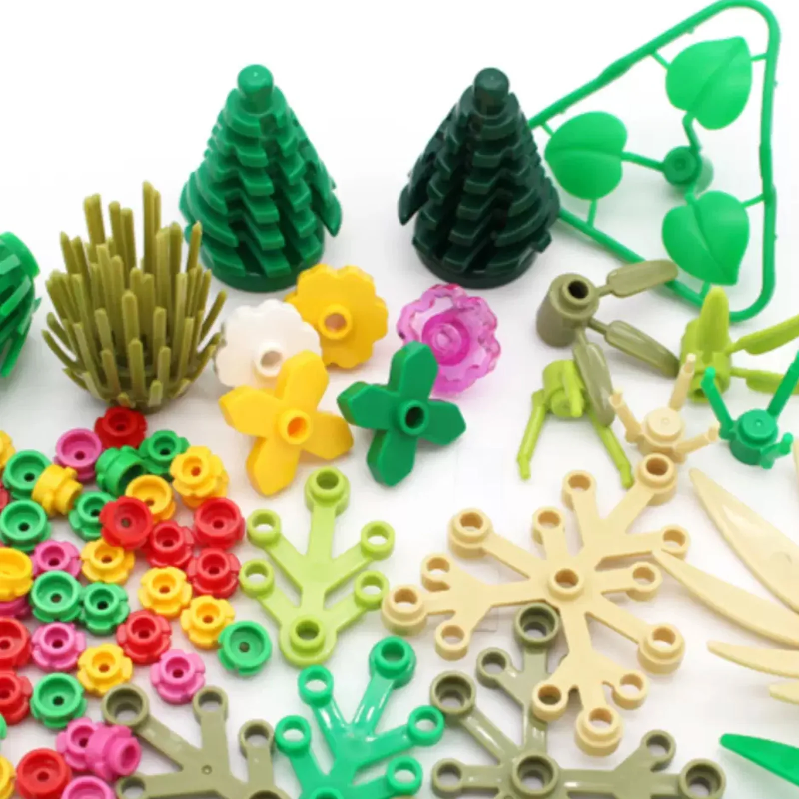 MOC 식물 나무 액세서리 블록 잔디 잎 꽃 덤불 퍼즐 장난감 DIY 정글 도시 집 거리 어린이 선물