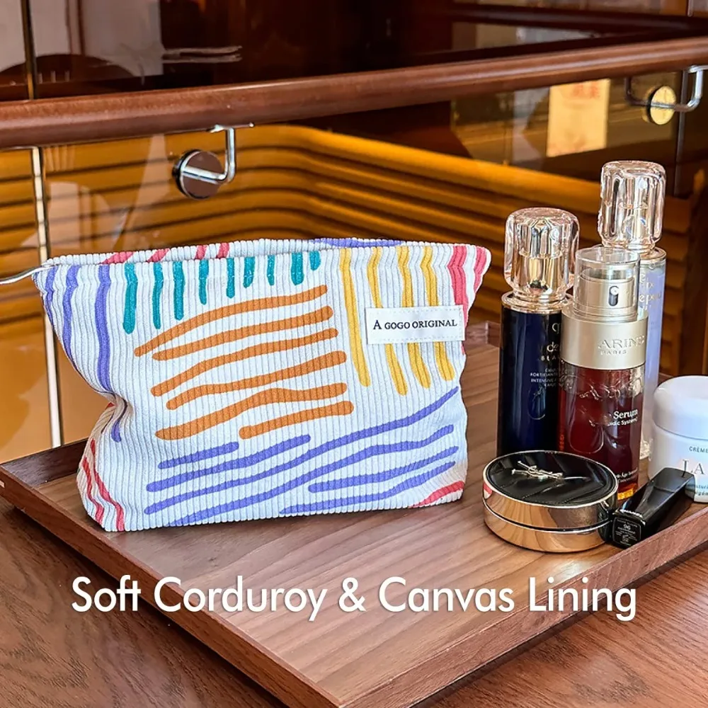 

Colorful Stripes Corduroy Storage Bag Portable Travel Makeup Bags Skincare Sundries Cute Large Capacity Aesthetic Cosmetic Bag