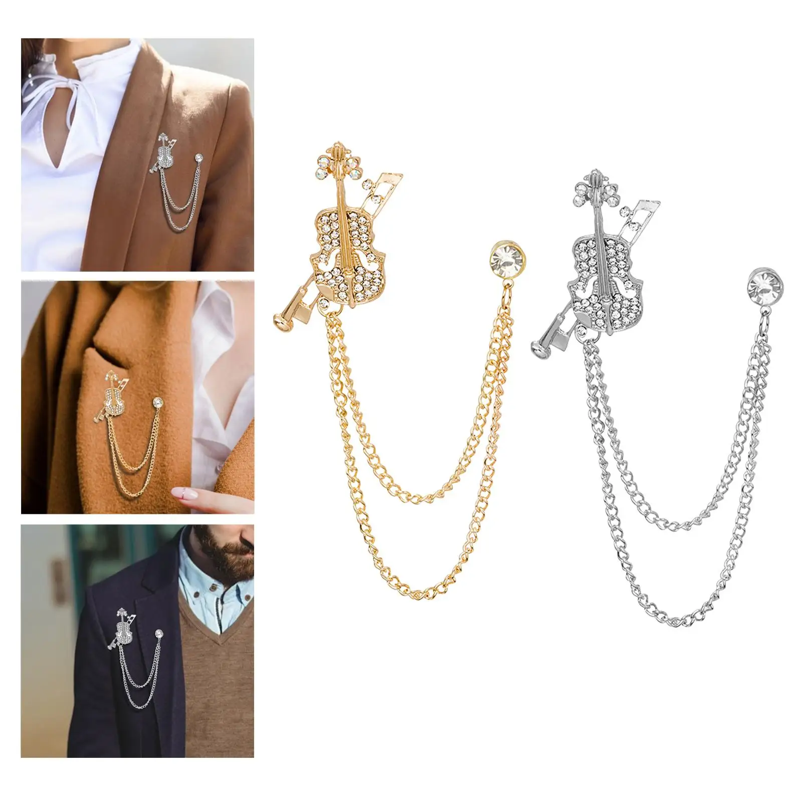 2-6pack Brooch Lapel Pin Violin Hanging Chains Collar Brooches for Women Men