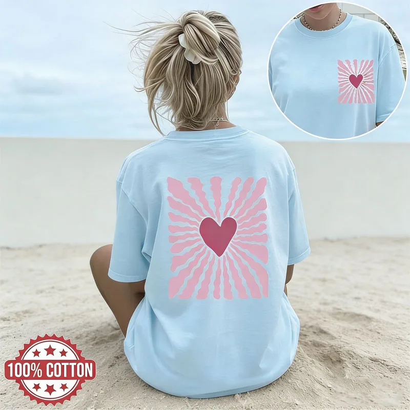 Women's Cotton T-shirt Summer Lady Casual Short Sleeve Heart-shaped Graphic Shirts Woman Daily Wear Basic Top Minimalist Tee