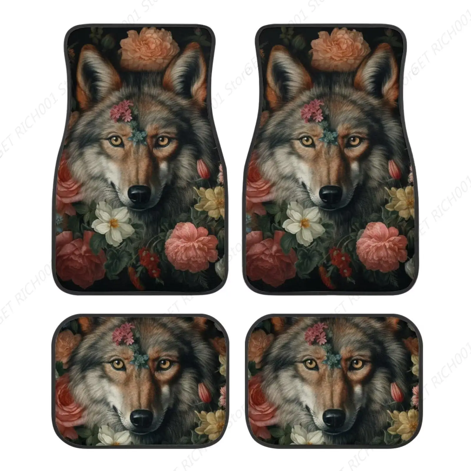 Durable Fabric Car Floor Mats Anime Wolf Flowers Auto Foot Mats Carpets With Non Slip Backing,Set Of 4pcs Car Carpet