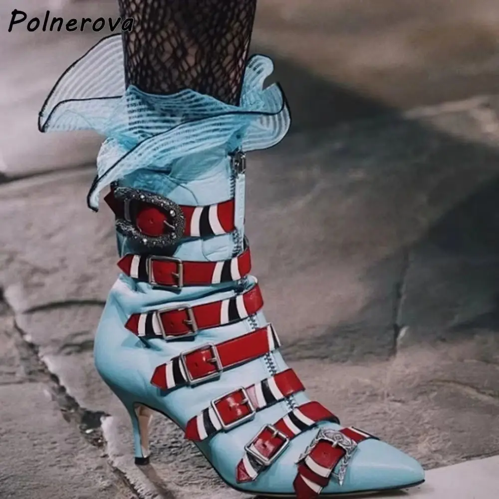 Multi Buckle Patchwork Ankle Boots Snake Pattern Zipper Kitten Heels Genuine Leather Pointy Toe Shoes Winter Fashion Sexy Boots