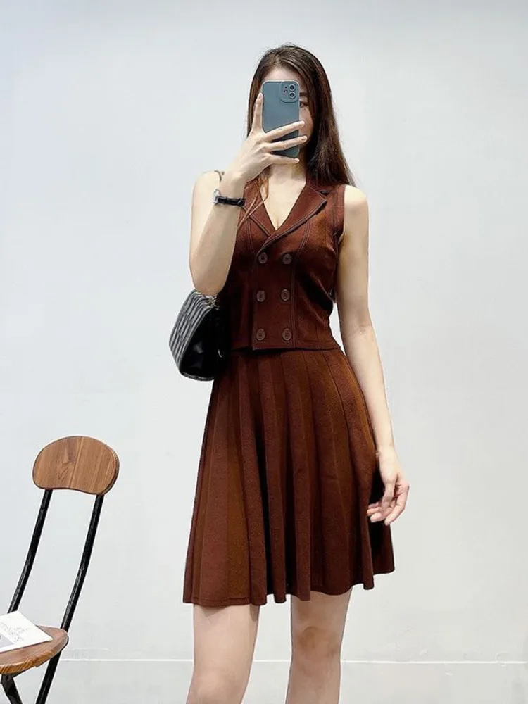 CHUJIE Damen-Set mit Blazerweste und Strickrock im französischen Herbst 2025, schmal geschnitten, zweireihig, kühlendes Outfit