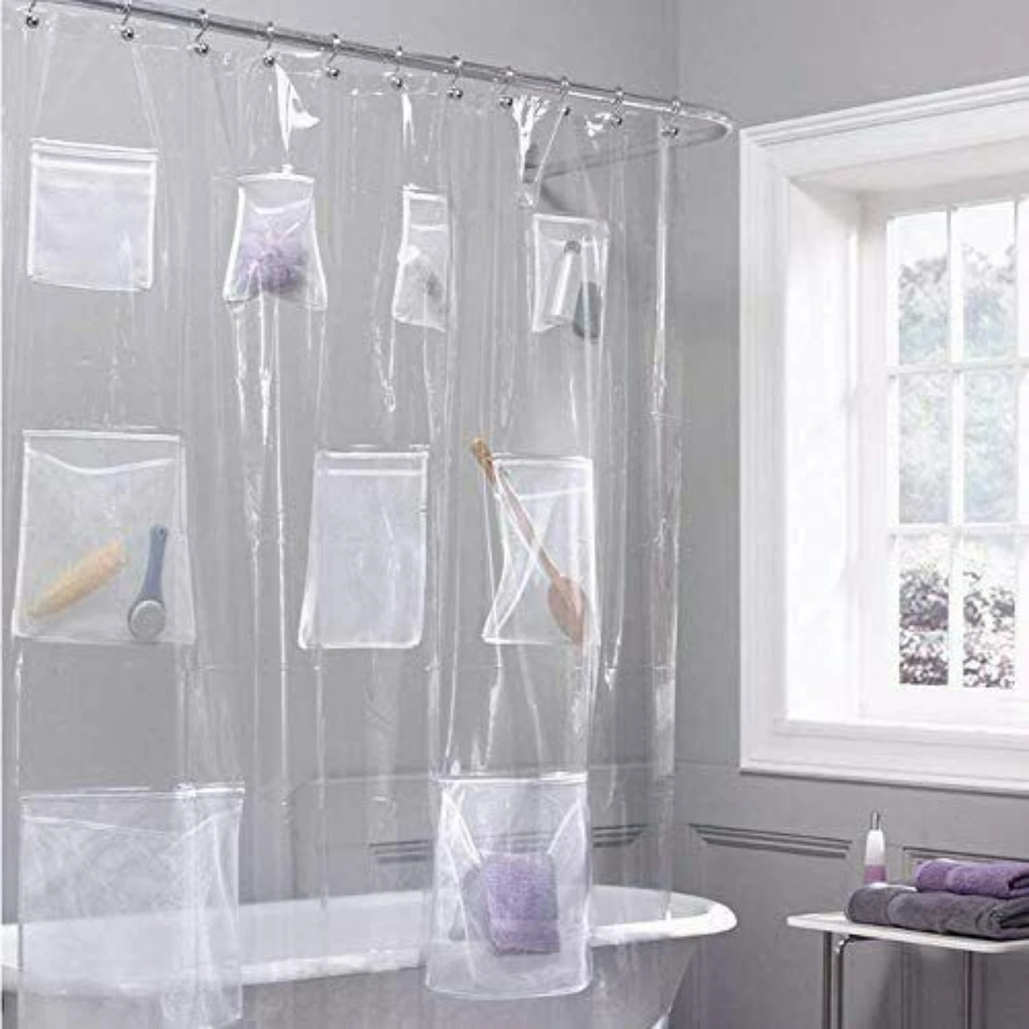 Effortless organization with stylish mesh pockets and convenient shower caddy for a clean and dry bathroom. Sturdy, high-quality