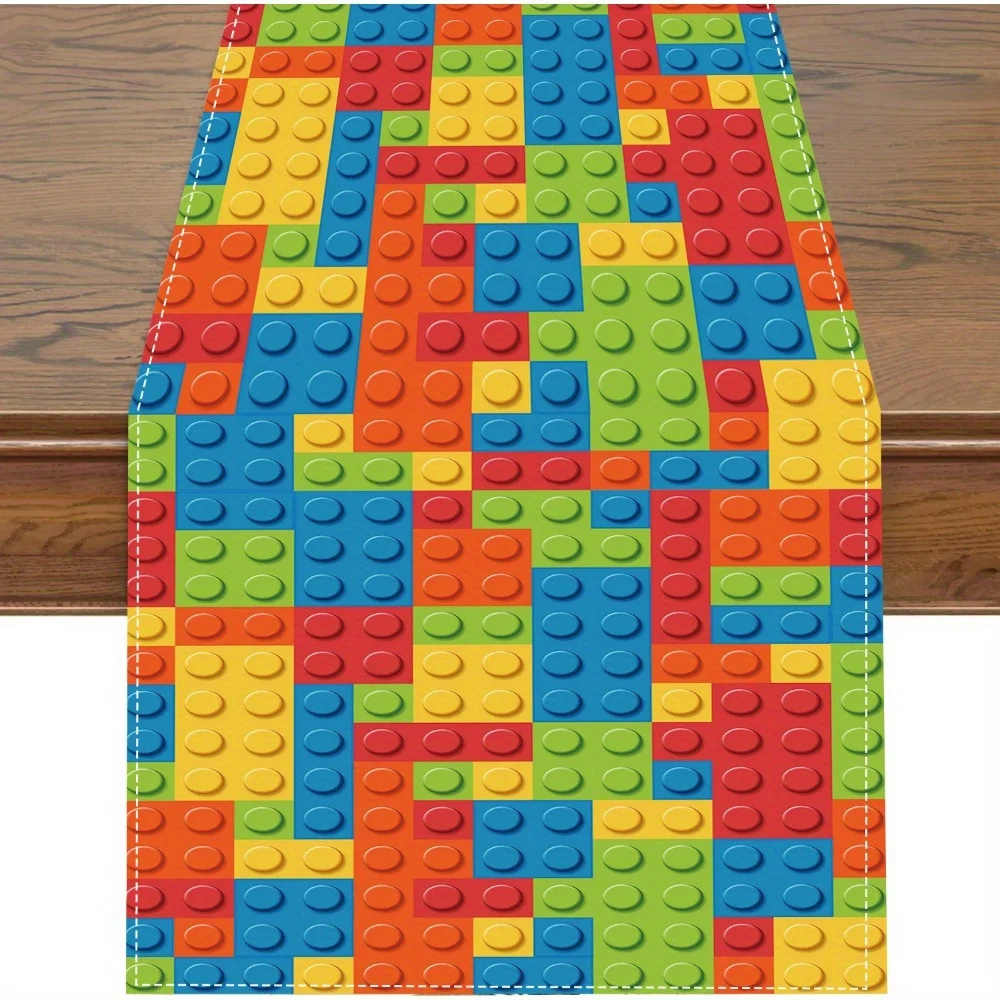 Colorful Building Block Table Runner 2D Single Print Vibrant Tabletop Decoration Kids Party Family Meal Home Kitchen Use Runner