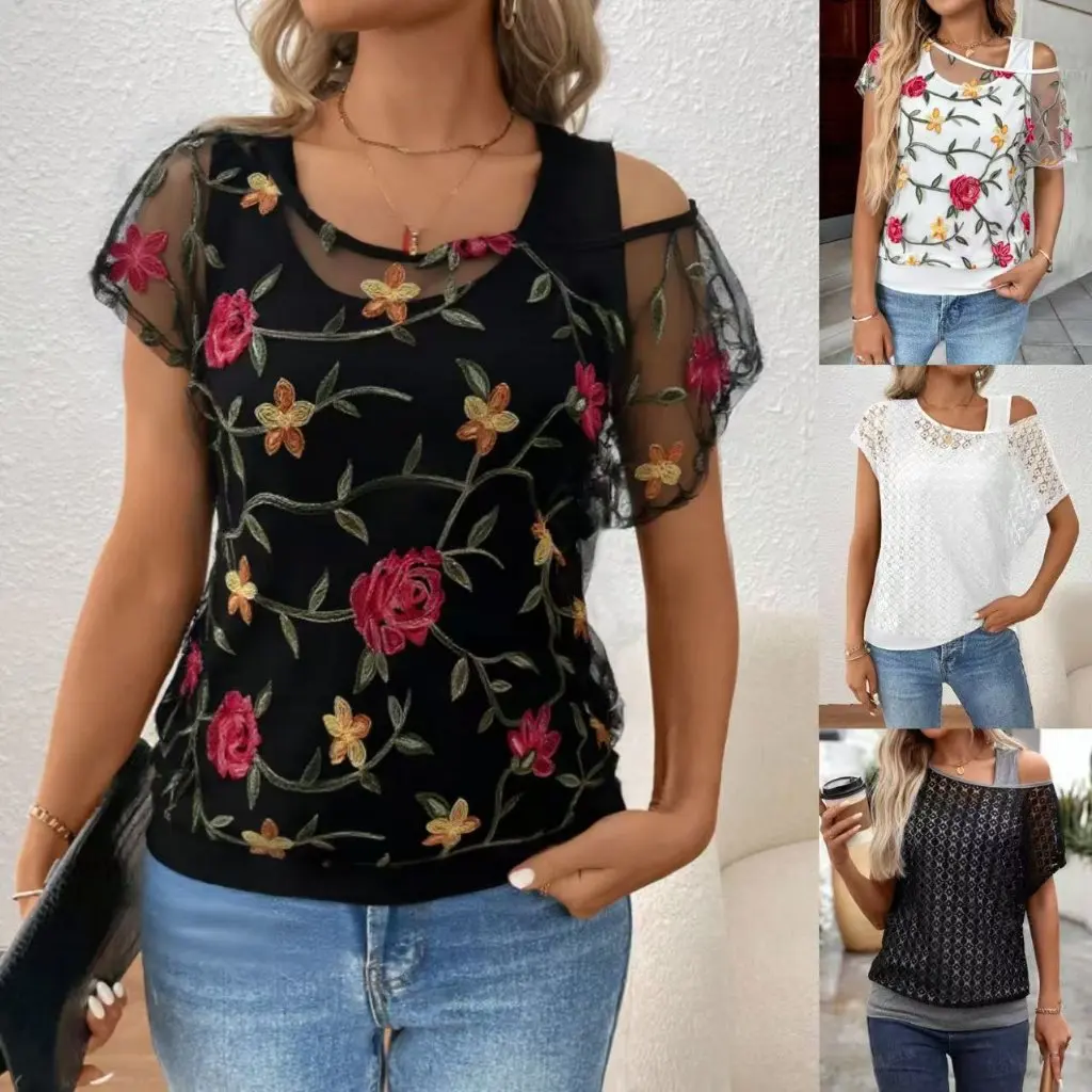 

Women's Summer Casual Lace Crewneck Sweater European American Style Fake Two-Piece Short-Sleeved Top for