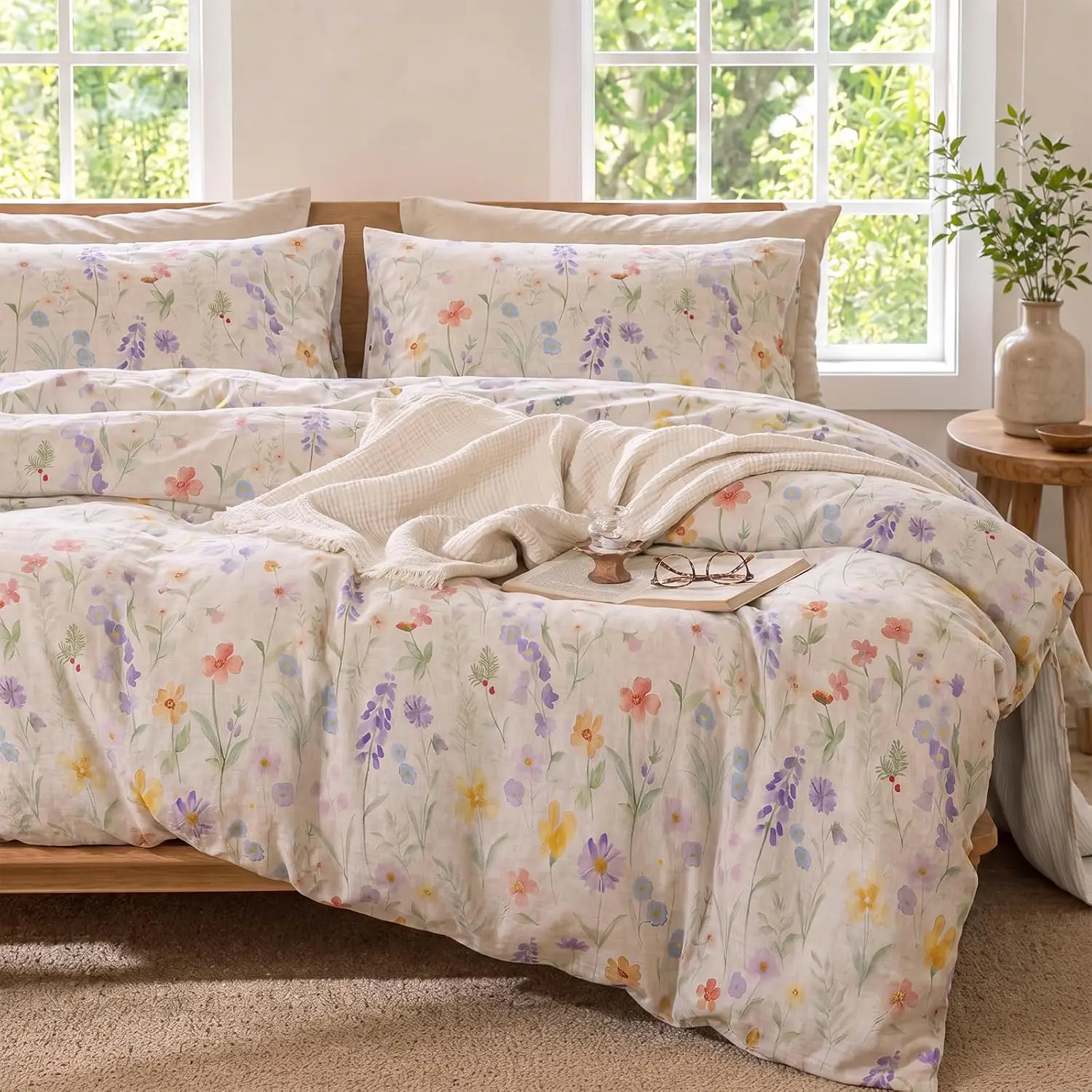 Linen Cotton Duvet Cover Set Queen/King Size, Red Floral Bedding Set, 3 Pieces Multicolor Botanical Duvet Cover with Hidden Zipper & 8 Corner Ties for All Season