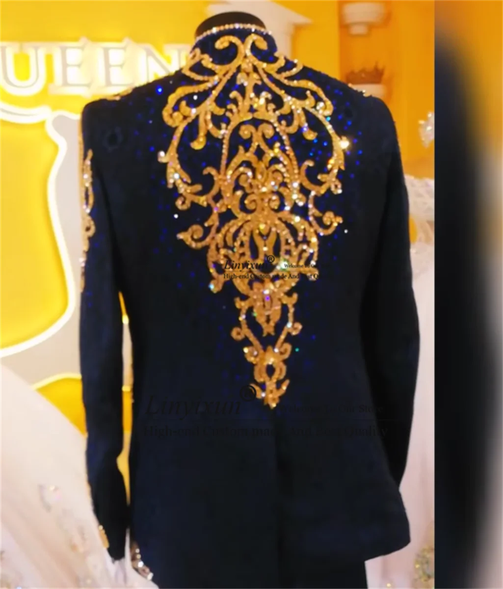 Shiny Gold Blue Diamond Beaded Luxury Men Suits For Wedding 3 Pieces Groom Tuxedo Male Prom Party Blazers Slim vestidos de novia